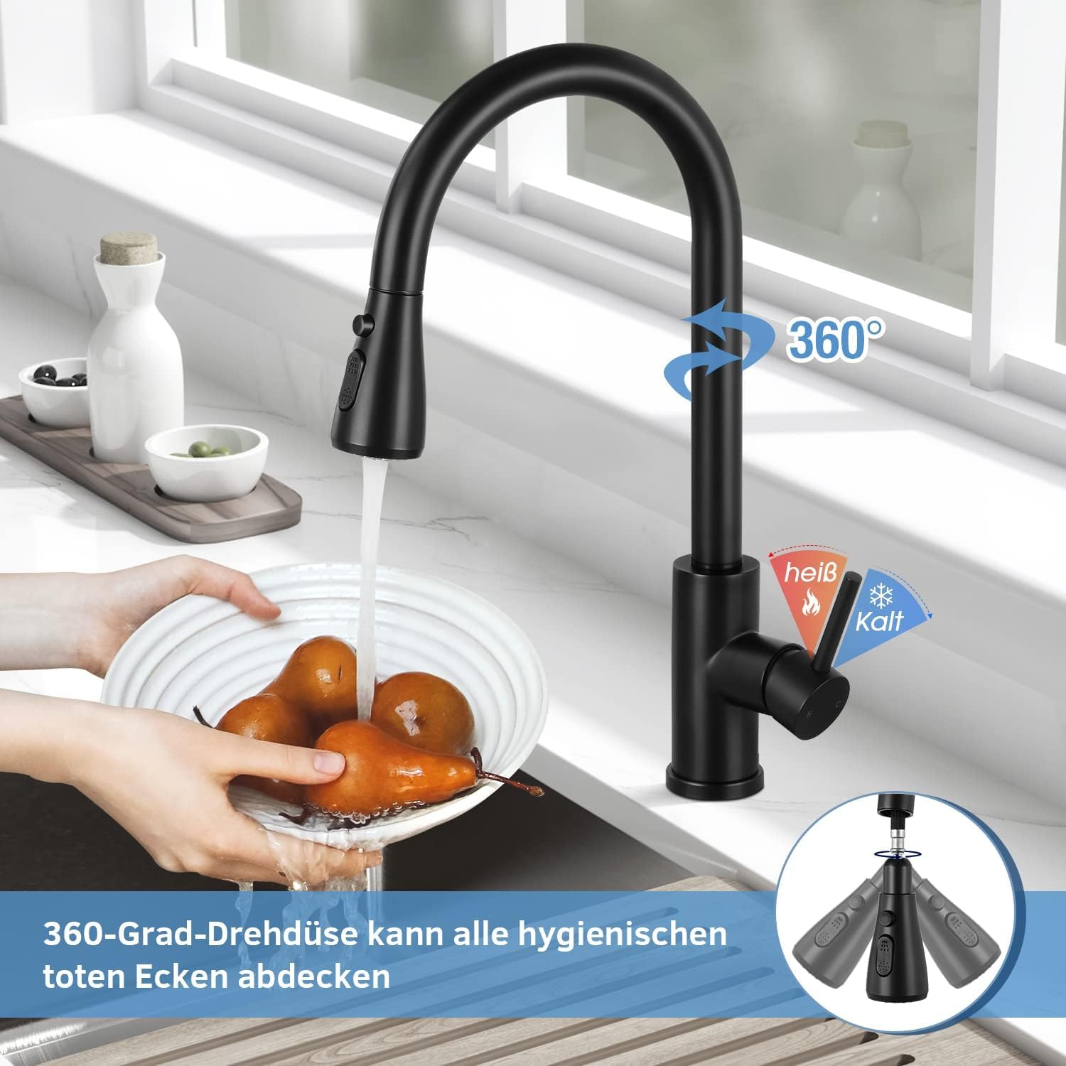 Rubinetto Lavello Cucina - Rubinetto Cucina con Doccetta Estraibile a 3 Modalità, Monocomando Miscelatore Cucina Nero, Alta Pressione Rubinetto Lavello Cucina Girevole a 360°, Rubinetti Cucina