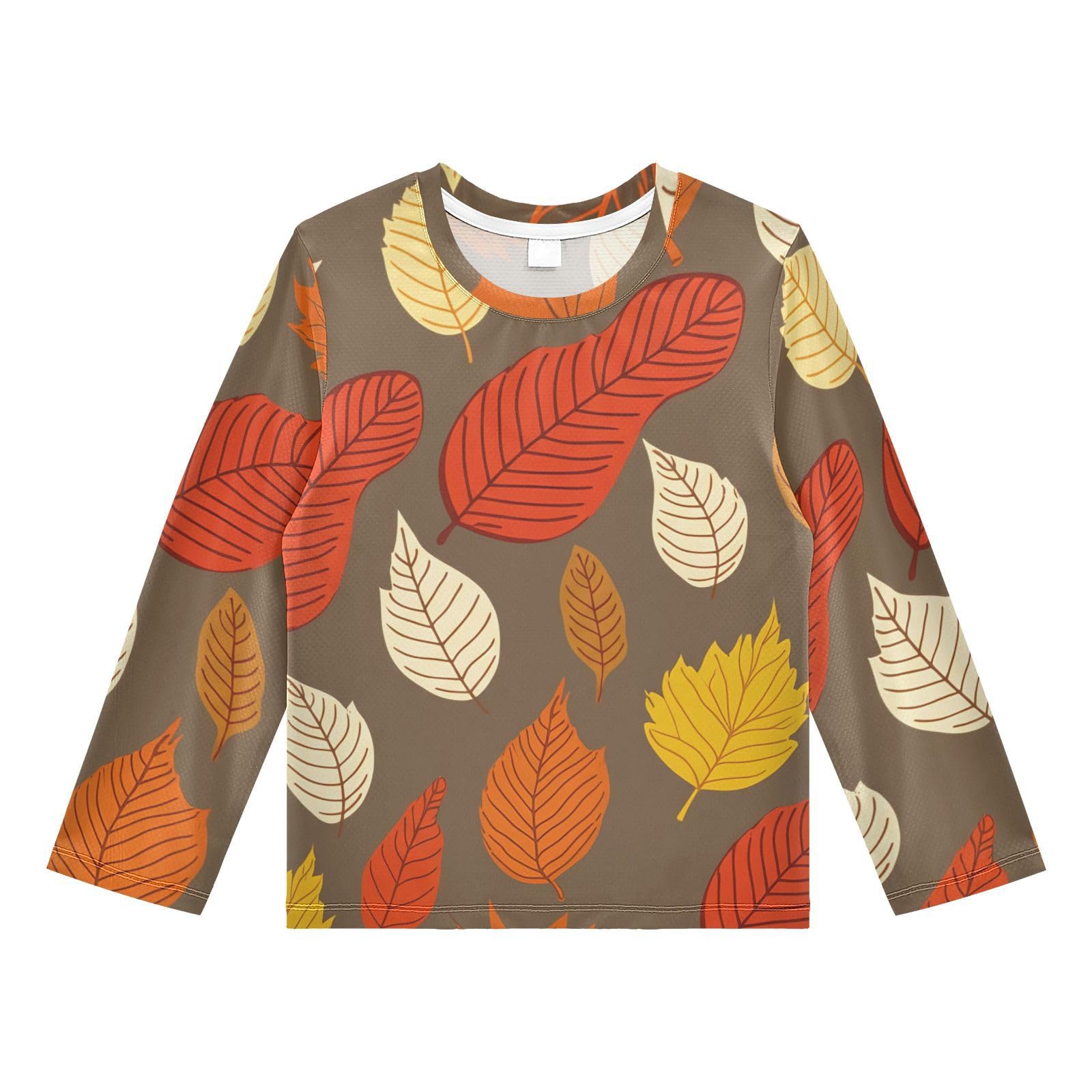 DOMIKING Autumn Leaves Brown Boys Long Sleeve Rashguard Shirt Kids Quick Dry Swim Shirt for Kids Toddlers 11-12T