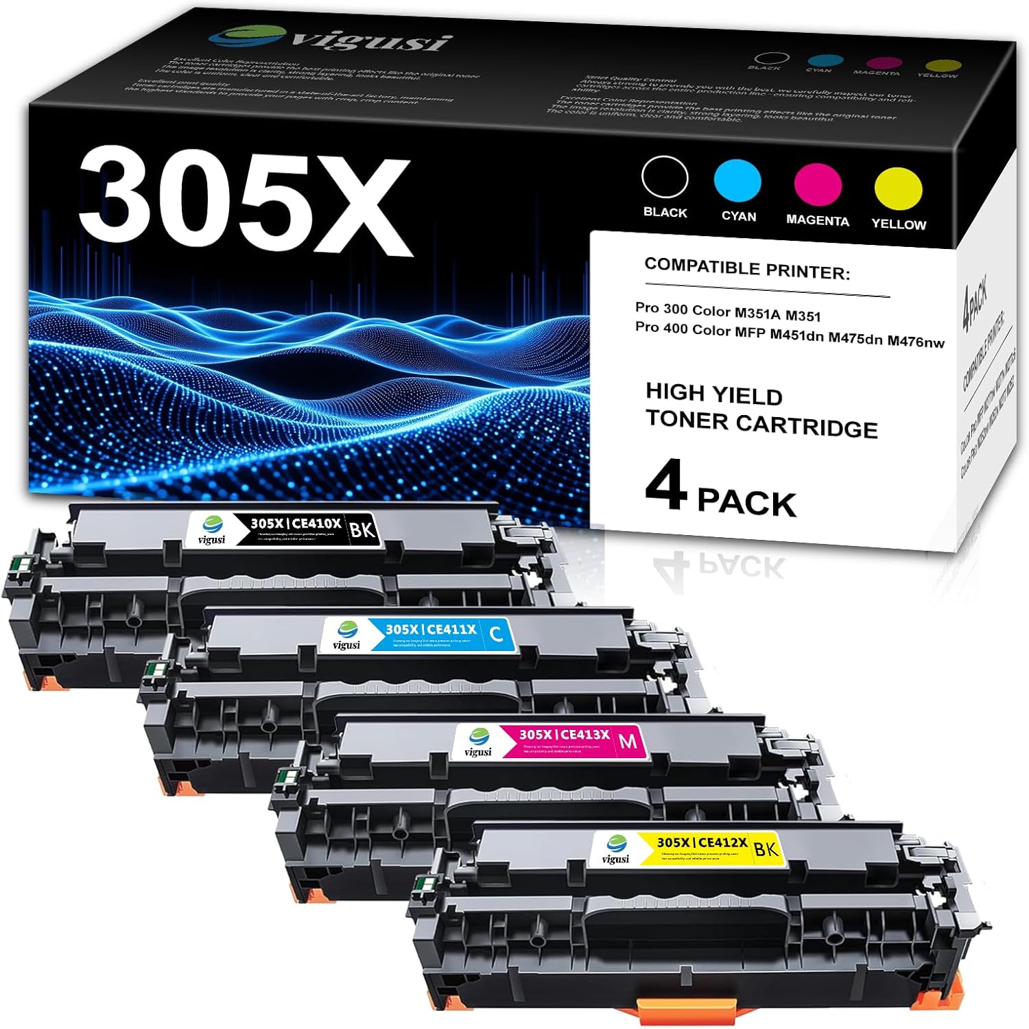 305X High Yield Toner Cartridges 4-Pack Compatible 305X Replacement for HP 305X CE410X CE411X CE412X CE413X Toner Cartridge for Pro 400 Color MFP M451dn M475dn M476nw Pro 300 Color M351A M351 Printer