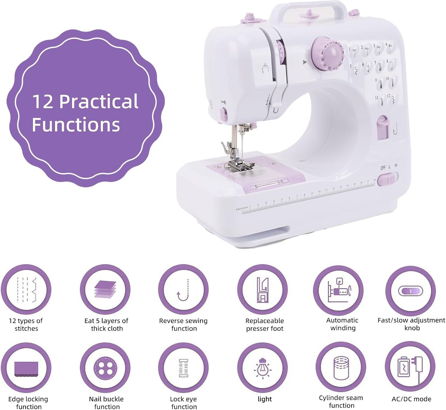 Compact Sewing Machine for Beginners, 12 Built-in Patterns, Lightweight with Reverse Function & Foot Control, for Handcrafting Clothes & Repairs（505)