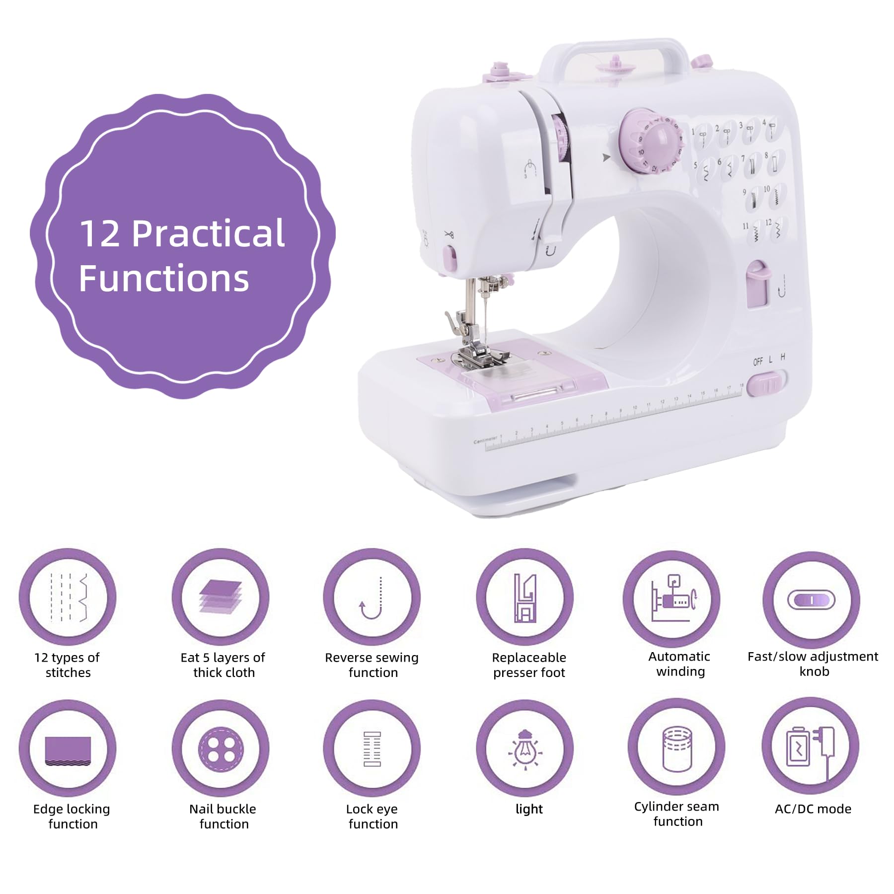 Máquina de coser compacta para principiantes, 12 patrones integrados, ligera con función inversa y control de pies, para manualidades de ropa y reparaciones (505) 2