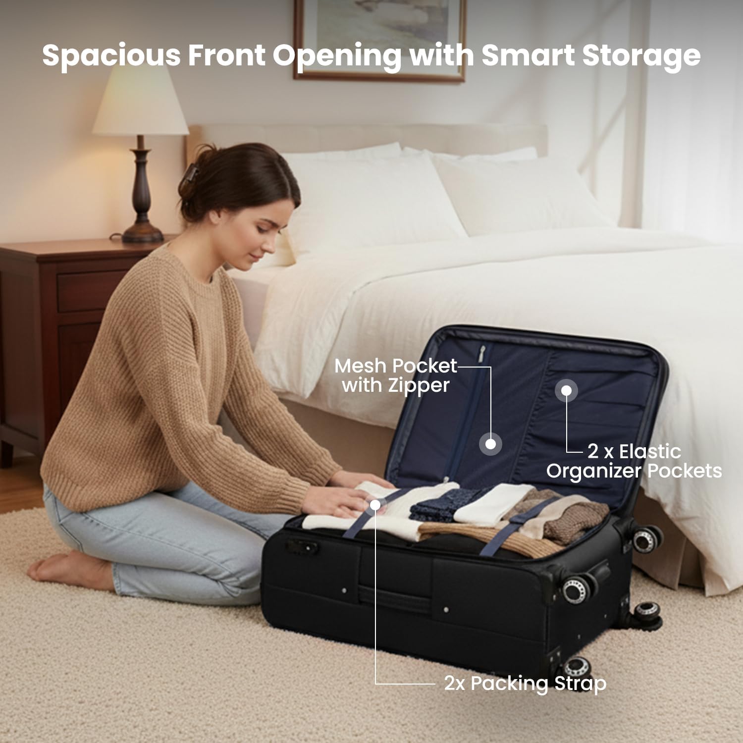 30'' Large Softside Suitcase,Expandable 15% Luggage,w/Double Spinner Wheels w/Combination LOCK,Lightweight Travel Suitcase for Travel（Black,30in）