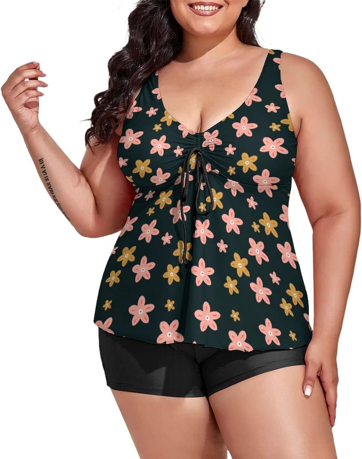 Women's Plus Size Tankini Swimsuits Floral Flower Women's 2 Pieces Bathing Suits with Top/Boyshorts Tummy Control Swimwear