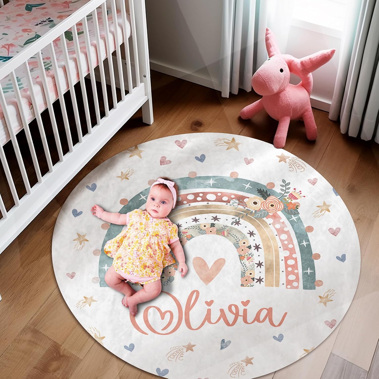 Custom Name Baby Rug - Nursery Mat for Baby Boys & Girls - Tummy Time & Crawling Mat - Round Rugs - Fit Nursery & Bedroom - Rainbow (39.37"X39.37")
