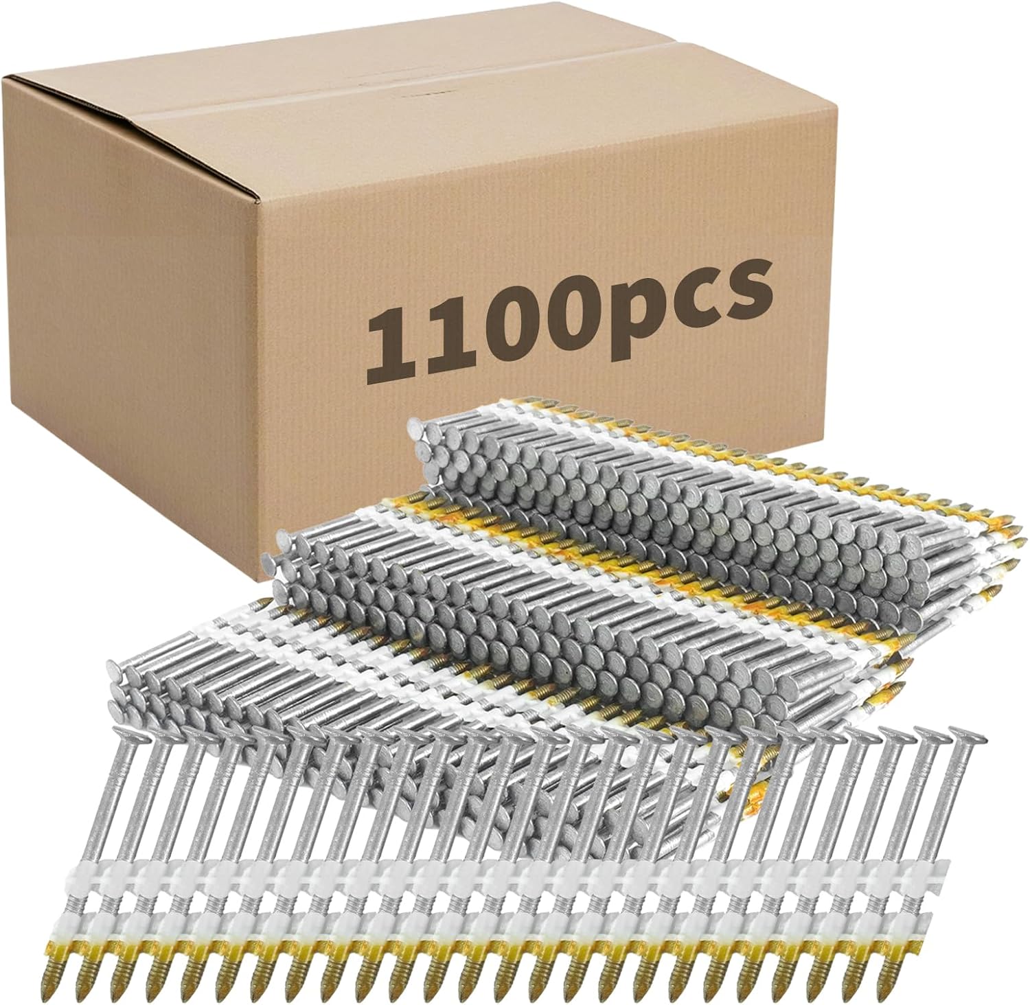 1100 Count Framing Nails 2 Inch x 0.113 Inch Plastic Row Fixed Flat D Head 21 Degree Galvanized Ring Shank for Use in All Pressure Treated Lumber