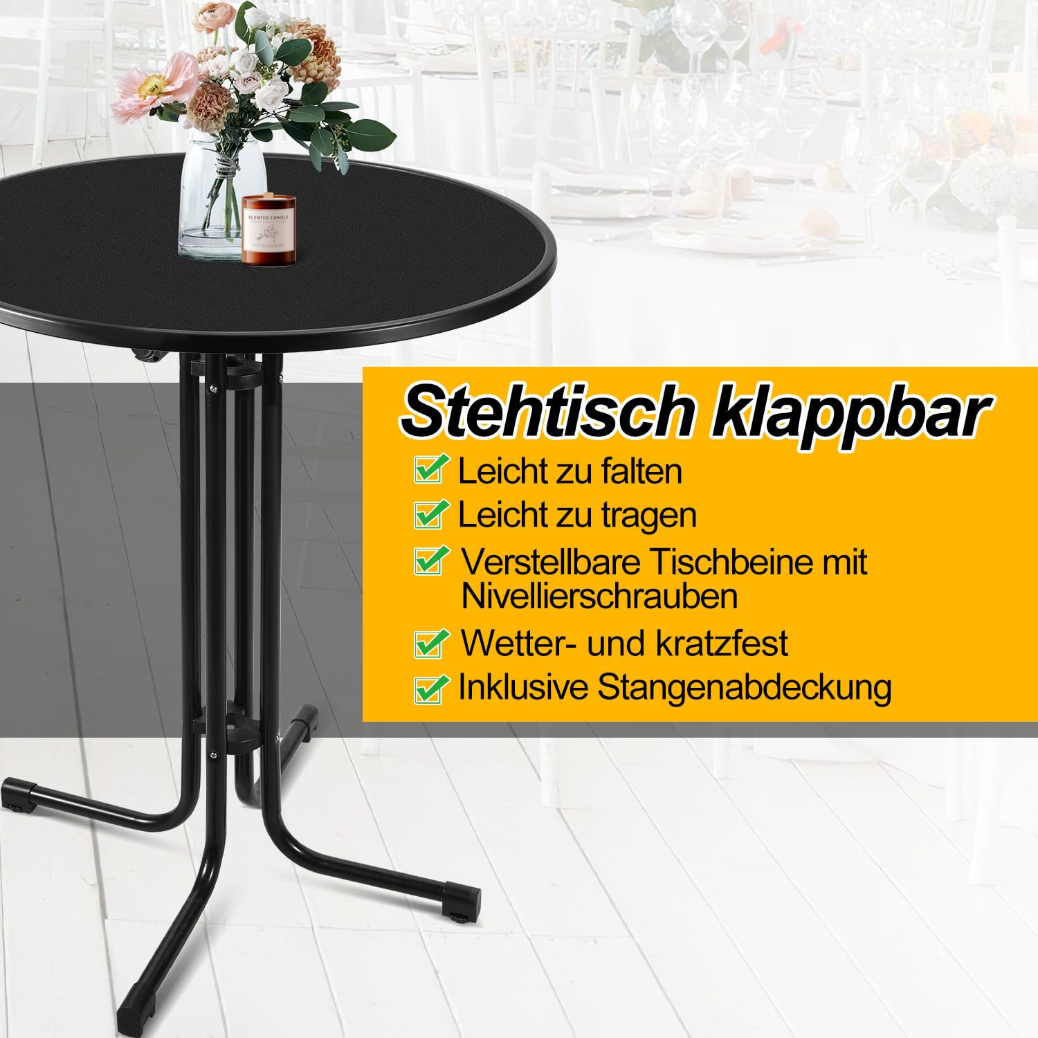Sonnewelt Table haute pliable avec housse - Diamètre : 80 cm - Table de fête ronde pour l'intérieur et l'extérieur - Hauteur : 110 cm - Résistante aux intempéries - Pieds réglables en hauteur - Noir