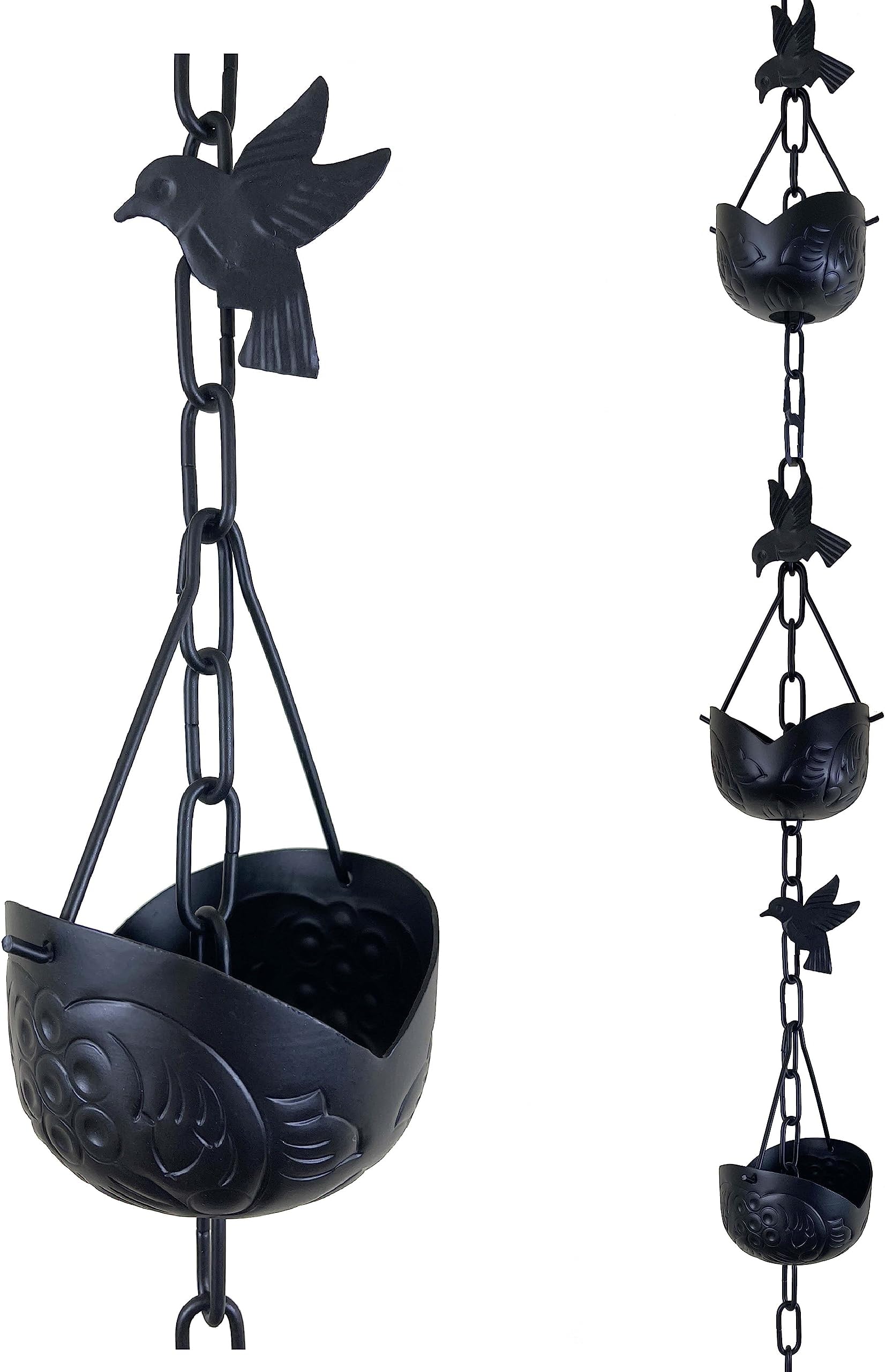 8.5 ft Fortune Cookie Cups Black Powder Coated, to Replace Roof Gutter Downspout, with Installation Kit, Rainwater Catcher/Water Diverter, JAS8001BLK