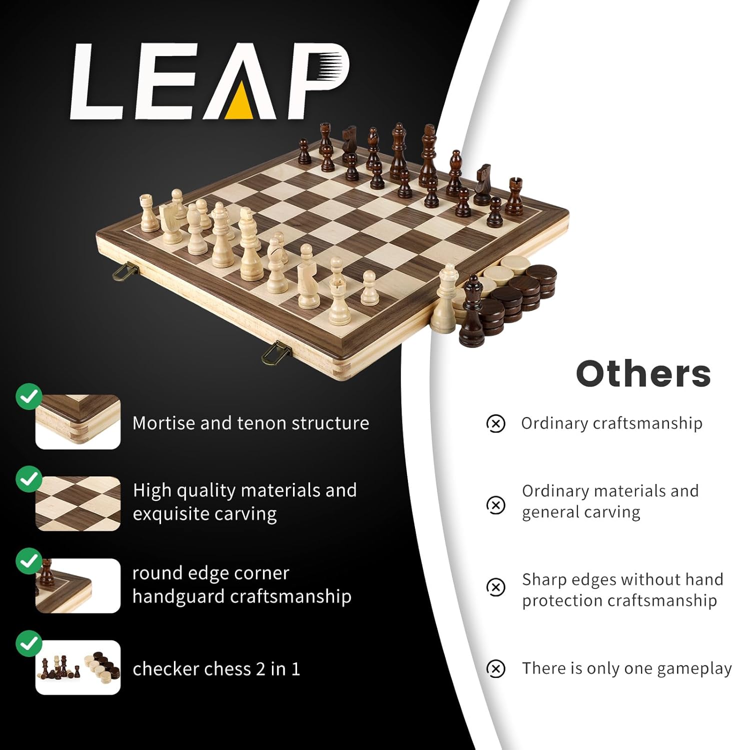 LEAP Wooden Chess and Checker Sets - 15" Walnut & Maple Folding Chess Board with 2 Extra Queens | Chess Board Set | Wooden Chess Sets for Adults - Image 3