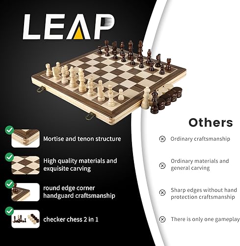 Miniatura 3 de LEAP Juegos de ajedrez y damas de madera, tablero de ajedrez plegable de nogal y arce de 15 pulgadas con 2 reinas adicionales, juego de tablero de