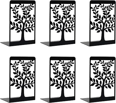 Book Stands, Bookstands, Home Decoration Bookends, Bookends for Shelves, Black Metal Bookends, Heavy Bookends Tree of Life Bookstopper, 3 Pairs/6 Pieces
