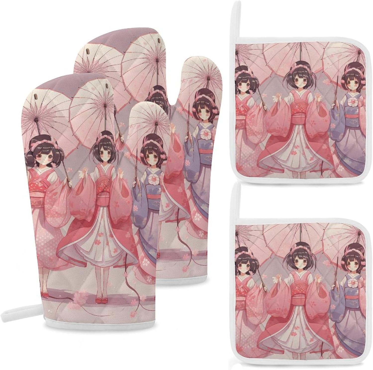 Japanese Dancer 4 Pcs Oven Mitts and Pot Holders Set High Heat Resistant Long Kitchen Oven Glove Potholders