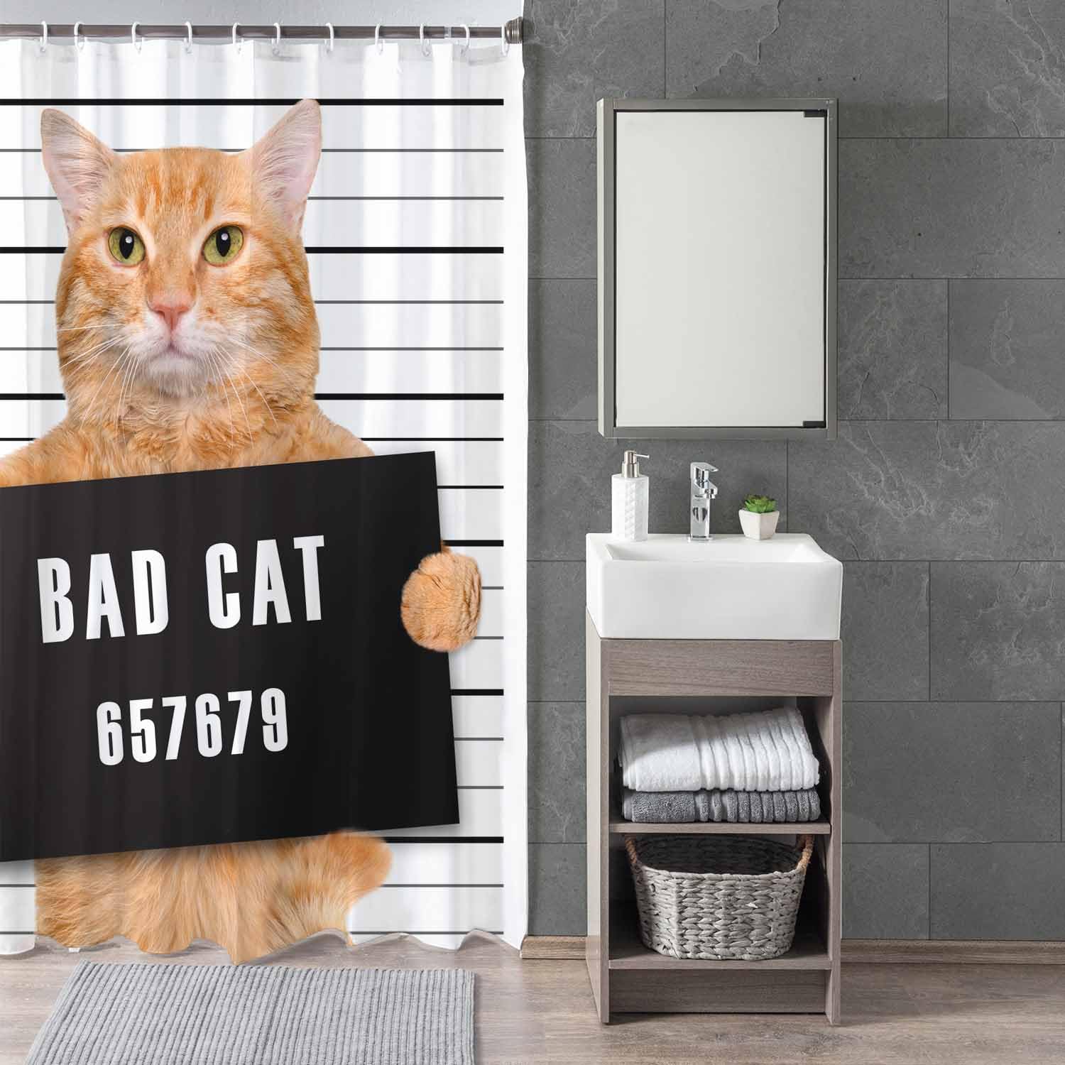 Woutay Shower Curtain Water Repellant Fabric Bad Cat,Mould Proof Resistant,Polyester,with 12 Plastic Hooks - Image 3