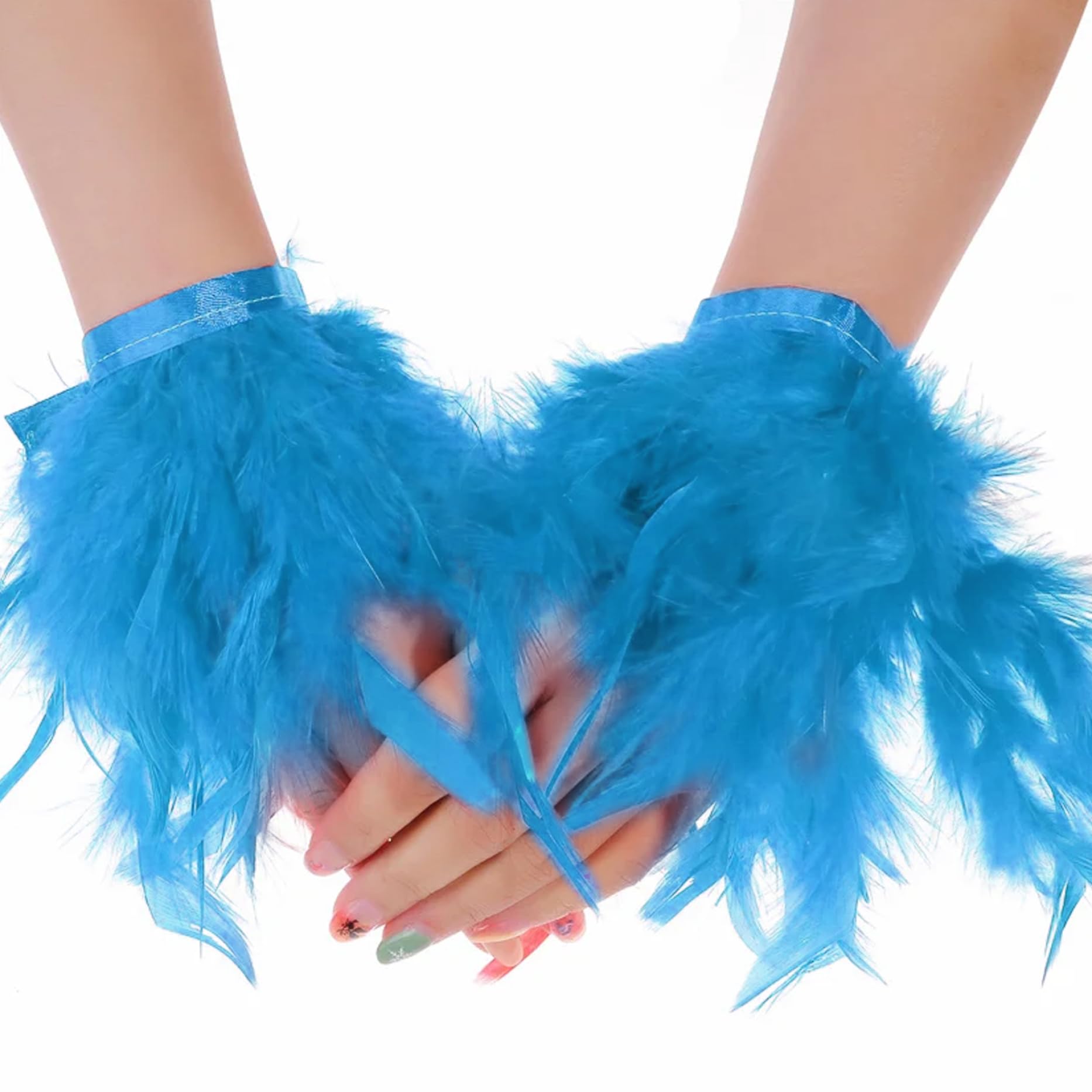 CAKEEYUM 2Pcs Wrist Cuffs Blue Feathers Wristband Arm Warmer DIY Accessories for Women Party Halloween Costume Cosplay