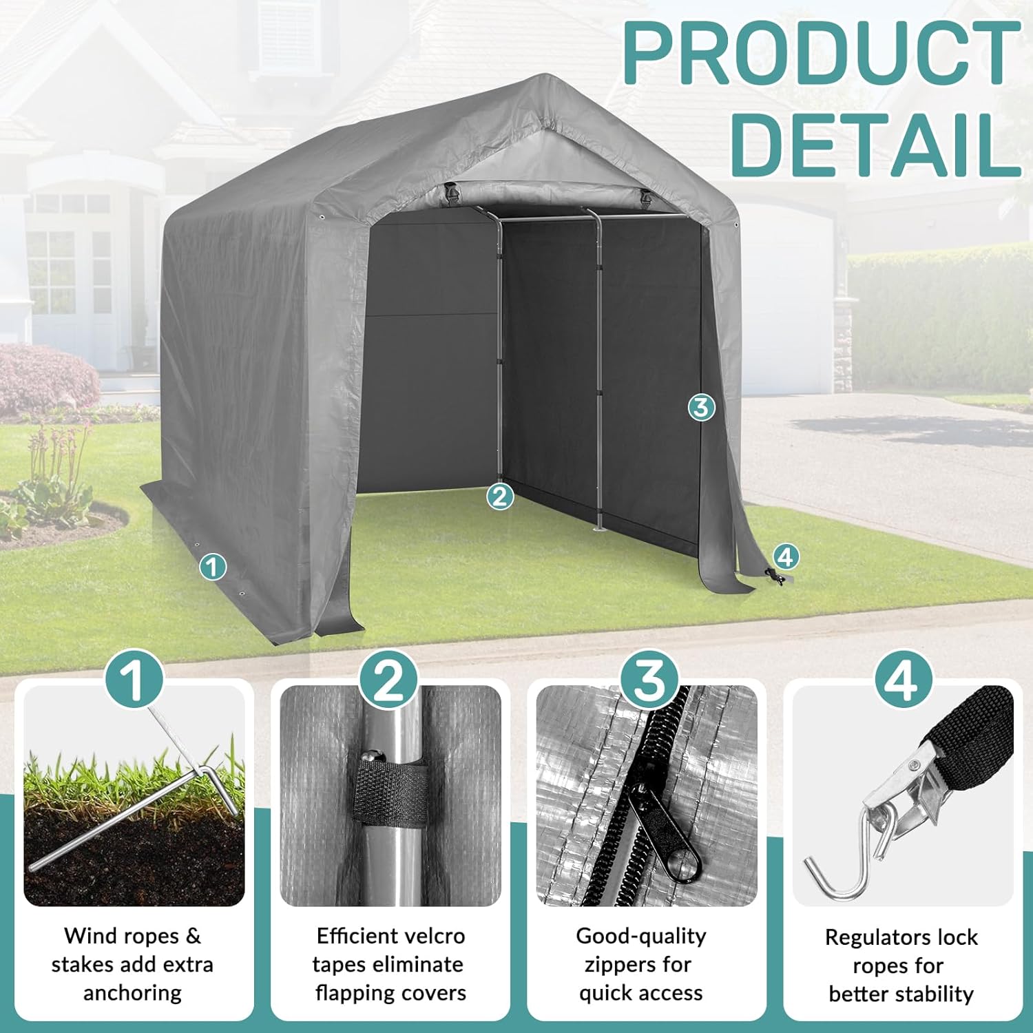 8ft x 8ft Outdoor Storage Shed, Garden Storage Shed Tent with Roll-Up Zipper Door and Galvanized Steel Frame, Waterproof Carport for Motorcycle, Bike, Garden Tools, Grey