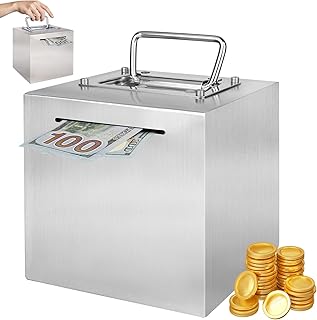 Spardose Erwachsene Edelstahl, 15x15x15 cm Spardose mit Griff Schwer zu Öffnen Safe Sparschwein Metall zur Wiederverwendung Edelstahl Safe Sparbüchsen für Erwachsene