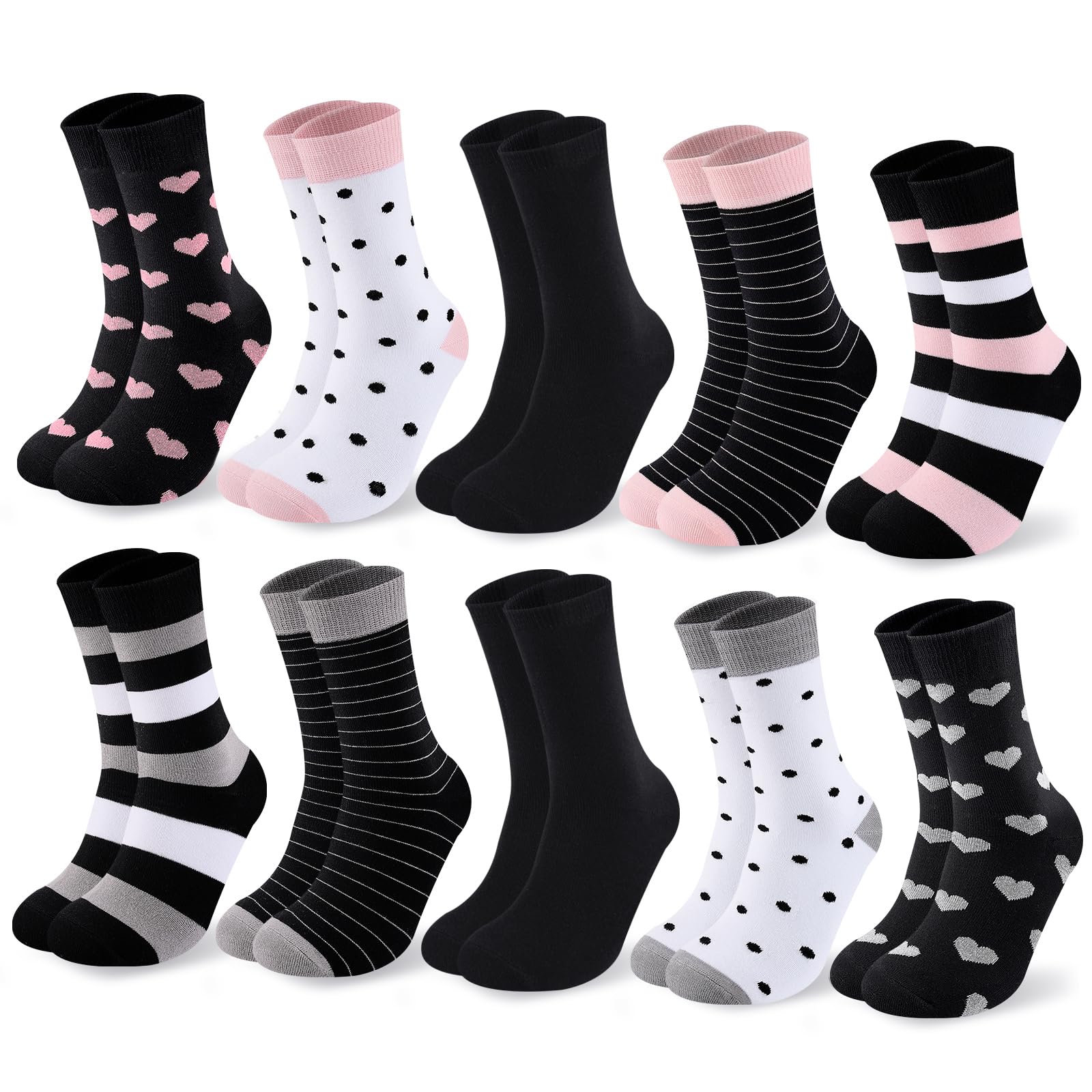 Cirorld Socken Damen 10 Paar，Bunte Baumwollsocken 39-42, Lange Strümpfe, Atmungsaktiv & Bequem, Winter Sportsocken, Streifen Punkte Muster Valentinstag-Geschenk für sie