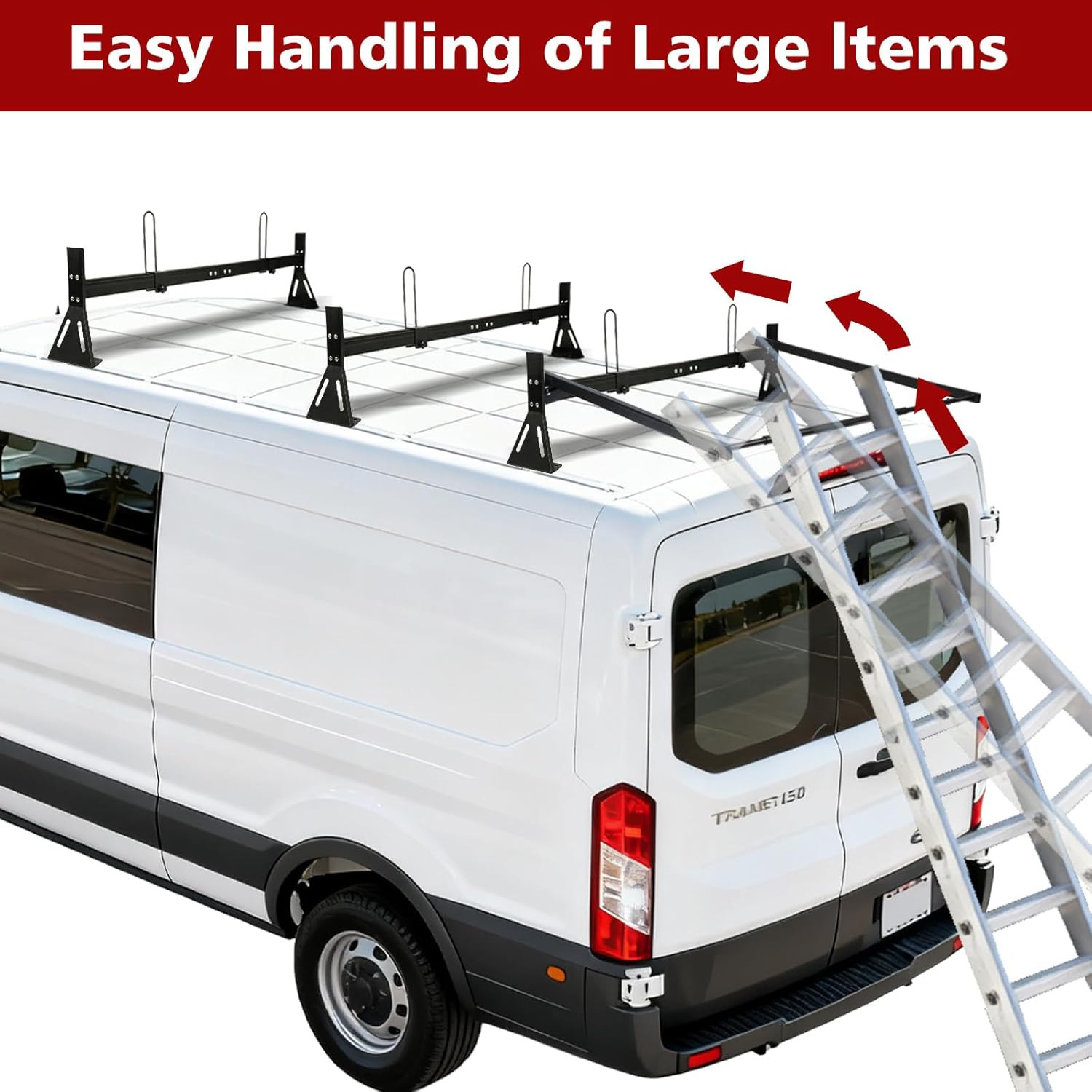 hightall Van Ladder Rack with Roller,Adjustable Length 50-61" Van Roof Rack with Cargo Stoppers,Compatible with Ford Transit150/250/350,Enclosed Trailer,Drilling Required