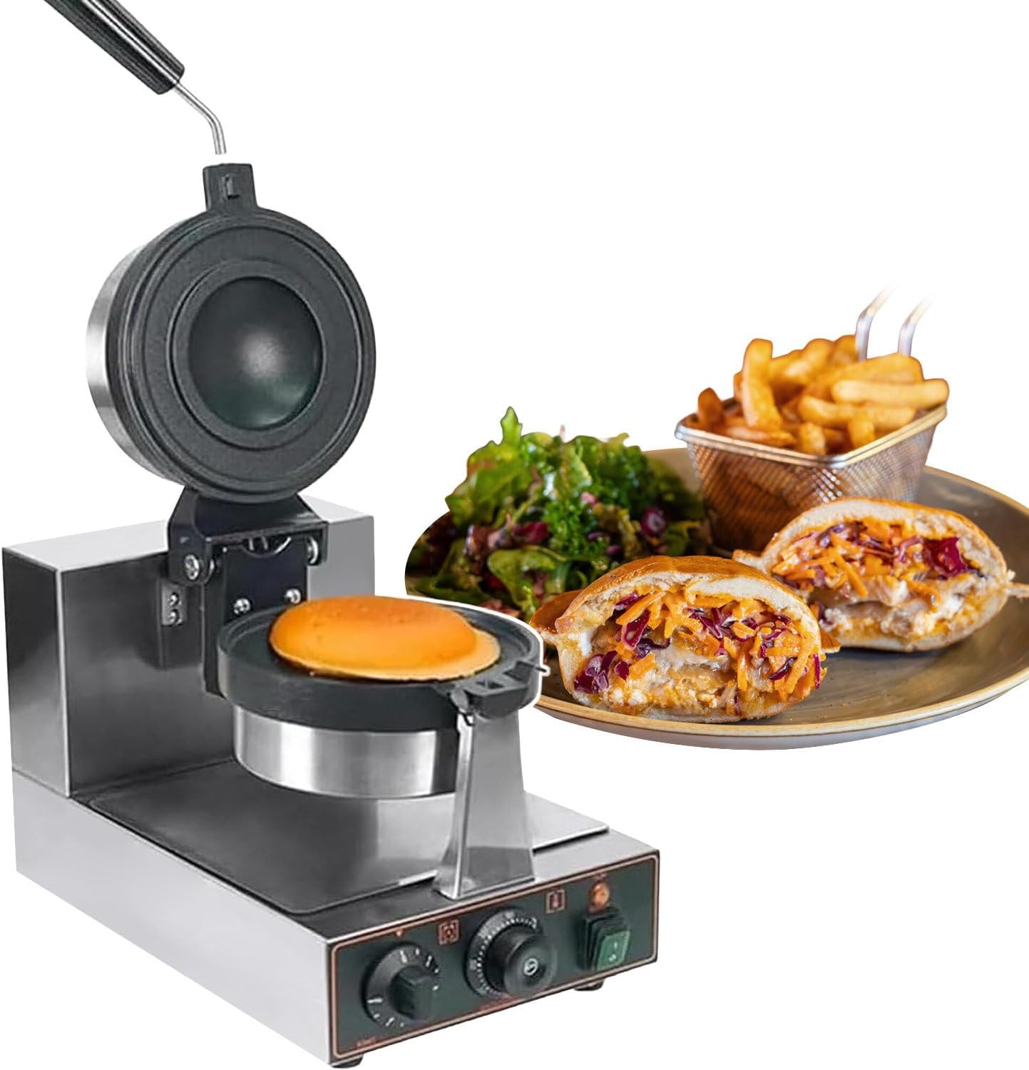 Commercial Waffle Maker & Burger Maker Machine, 1300W Electric Panini Press with Adjustable Temperature 50-300℃, 5-Min Timer, for Ice Cream Waffle, Hamburger
