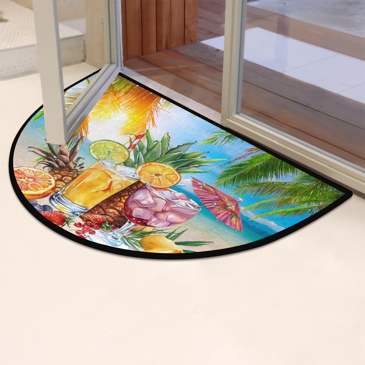 Half Round Door Mat Beach Ocean Palm Leaf Half Moon Rug Washable Half Circle Area Rugs Indoor Entrance Non Slip Semi Circle Bathroom Rugs Floor Carpet for Kithen Bedroom Fireplace Decor