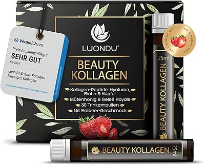 Luondu Beauty Kollagen Trinkampullen mit Hyaluronsäure (30 Ampullen mit 2500mg Kollagen) I Mit Biotin, Kupfer & Vitamin C, Blütenhonig & Gelée Royale