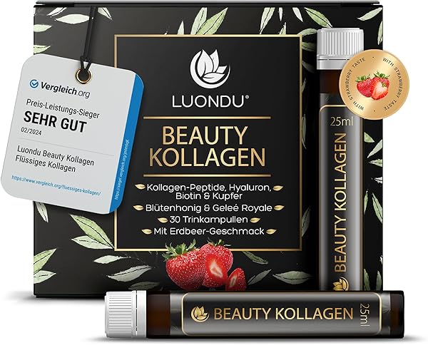 Luondu Beauty Kollagen Trinkampullen mit Hyaluronsäure (30 Ampullen mit 2500mg Kollagen) I Mit Biotin, Kupfer & Vitamin C, Blütenhonig & Gelée Royale