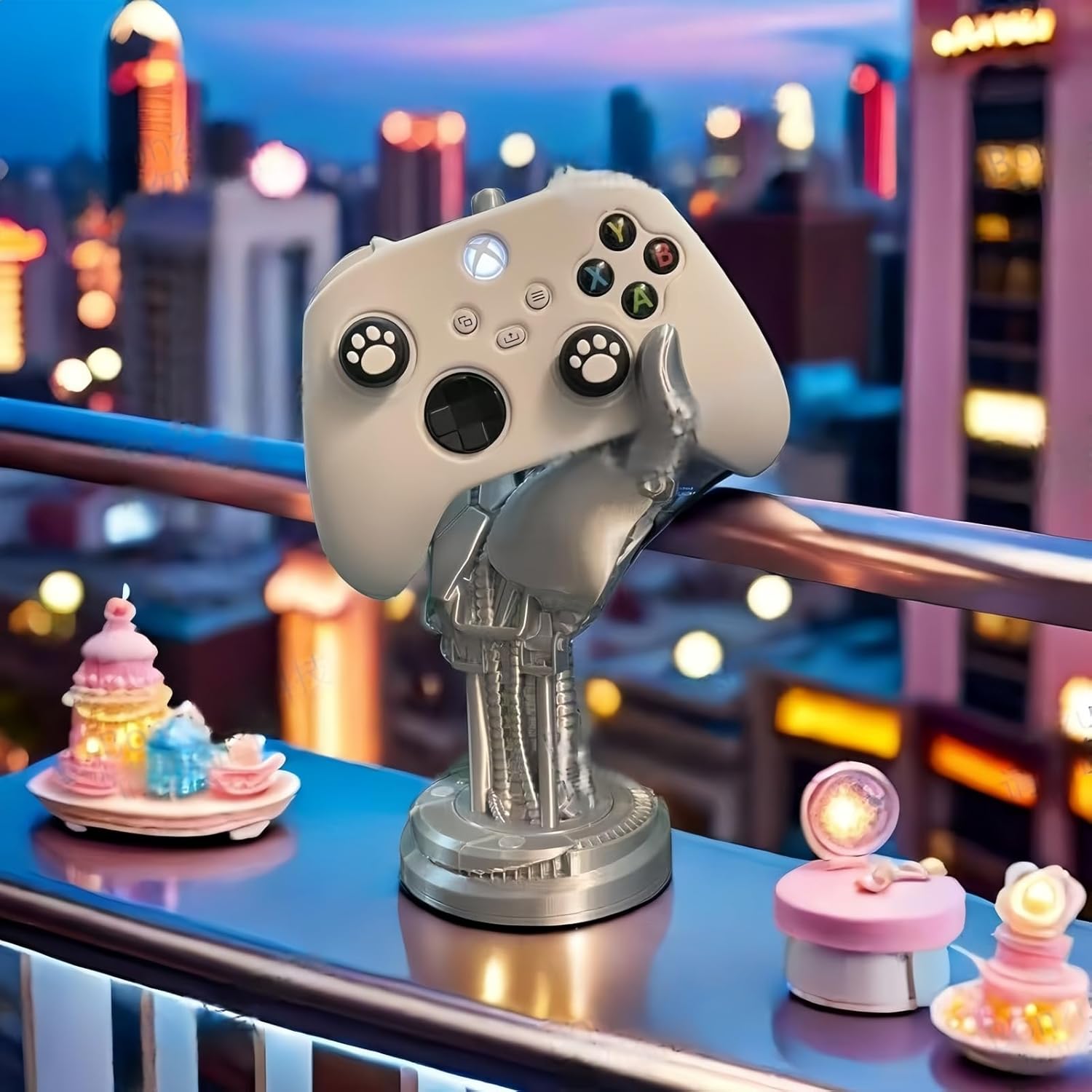 Black And White 3D Printed Cyberpunk Robot - Multifunctional Joystick Holder, Jewelry Sunglasses Holder And Key Holder For Gamers (Black)