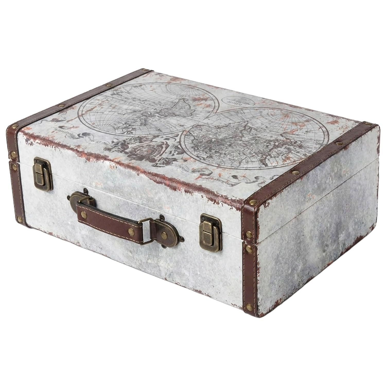 HMF Vintage decorative suitcase made of wood, storage box with lid and leather handle, stylish storage and gift idea for wedding or birthday | World map | 38 x 26 x 13 cm