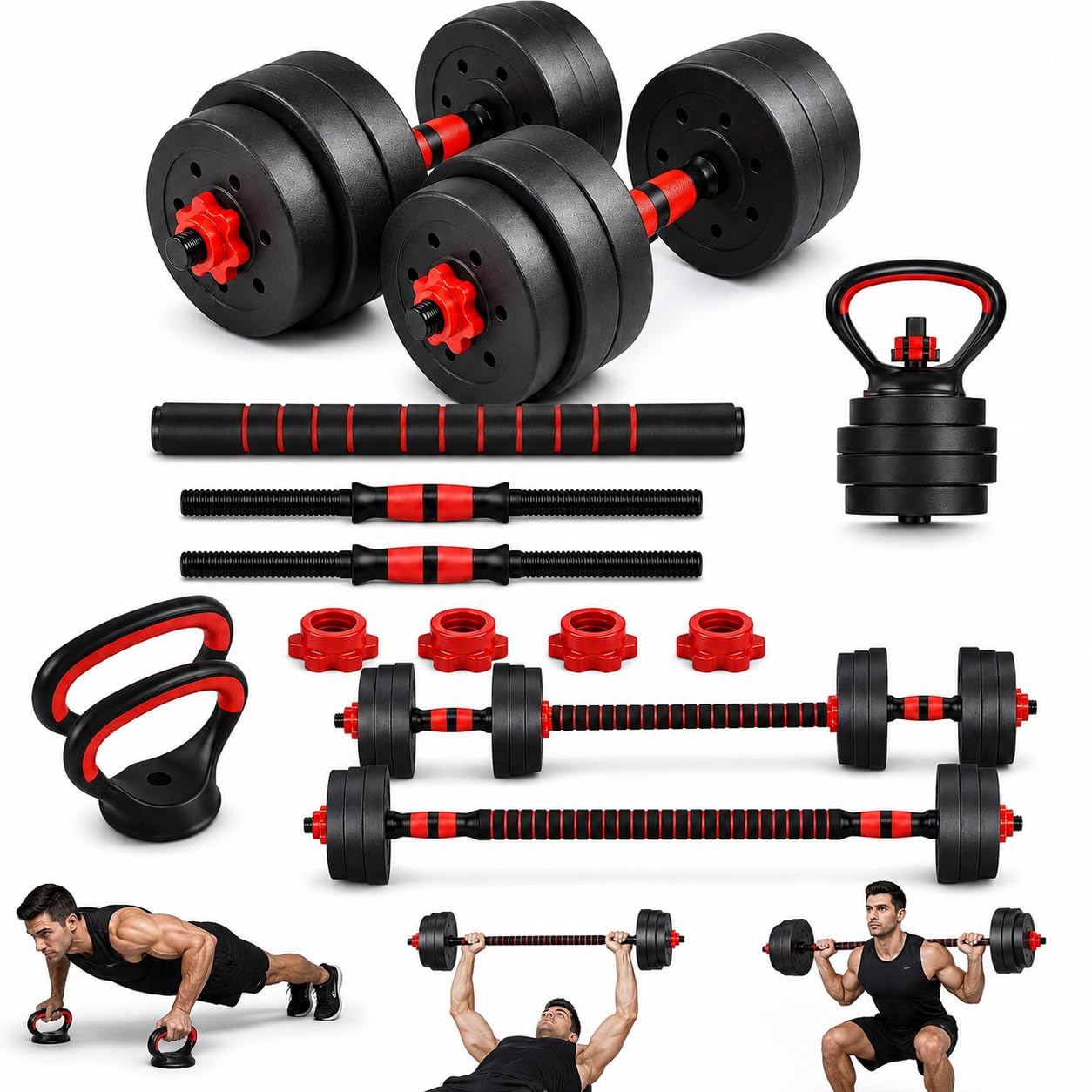 40KG Adjustable Dumbbell and Barbell Set, Convertible Home Gym Weights with Connecting Rod, Non-Slip Dumbbell Handles, Spinlock Collars and Adjustable Plates for Full Body Workouts