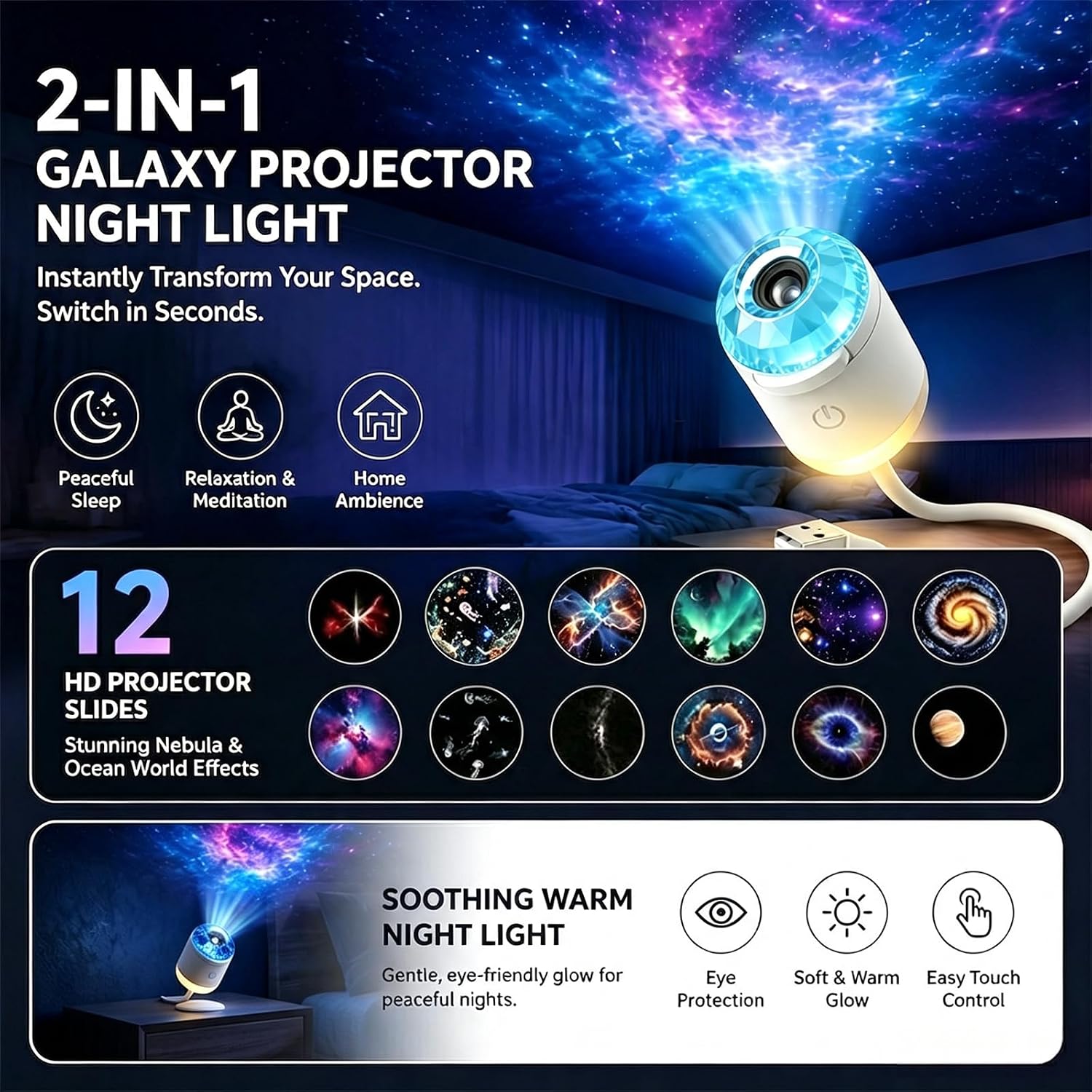 2-in-1 Galaxy Ocean HD Smart Dynamic 5D Holographic Night Light Projector image 2