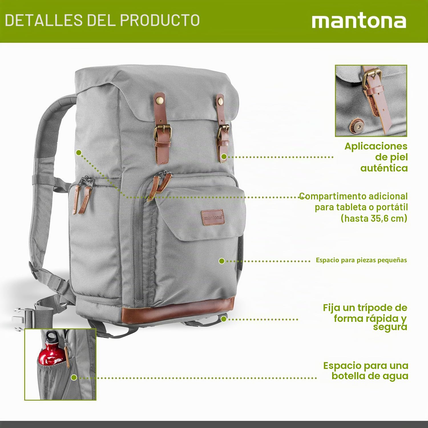 Mantona Mochila Retro Luis (con Aplicaciones de Cuero, Incluye Funda de Lluvia, Compartimentos Flexibles y Espacio para Laptop, Compatible con 1 Cámara DSLR, 3 Objetivos y Otros Accesorios), Gris