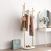 Vista 2 de Perchero de ropa dorado con estantes, perchero dorado independiente con base de mármol, perchero con árbol para sombreros y ropa de pie