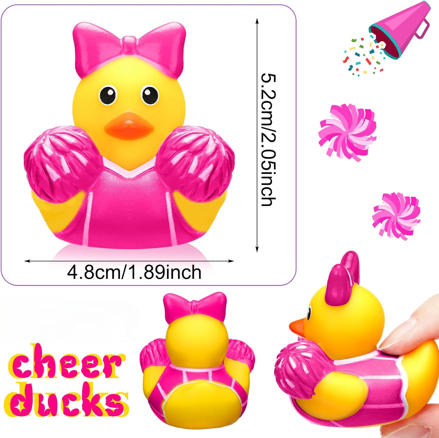 MiniInflat 12 Pcs Cheer Team Gifts Bulk Cheerleader Mini Rubber Ducks with Bows Cheer Party Favors Ducks Cheerleading Competition Gifts Accessories Goodie Bags Stuffers Party Decorations (Pink)
