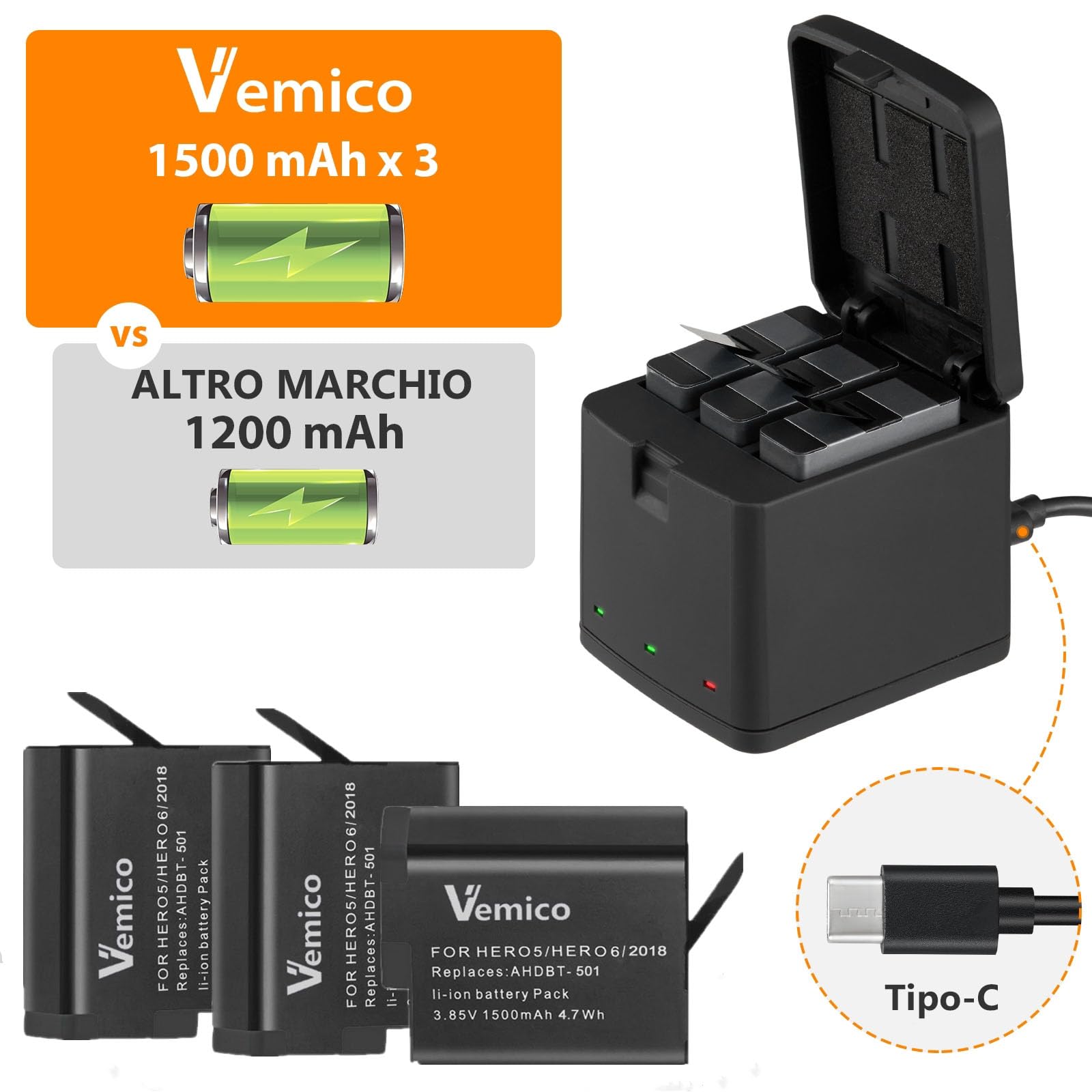 Vemico Hero 7/6/5 Batteria Caricabatterie Kit 3 Pack 1500mAh Batterie Ricambio Tipo-C LED 3-Canali Caricabatterie per Hero 7 Black/Hero 6/Hero 5 Black/Hero 2018 (Compatibile con L'originale)