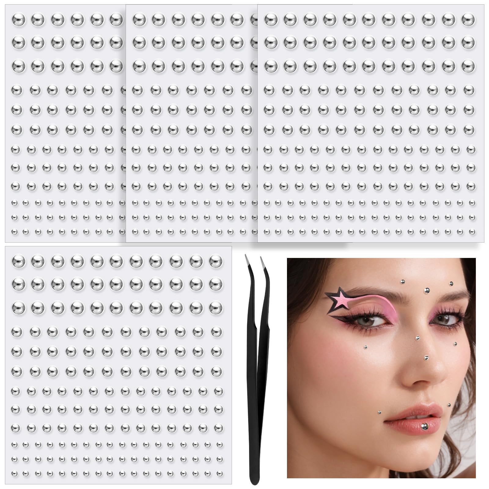 YGDZ Face Gems, Fake Piercings Nose Stud Silver, Fake Eyebrow Piercing, Stick On Face Stickers, Lip Stud, Rave Accessories, Y2k Makeup For Women Men