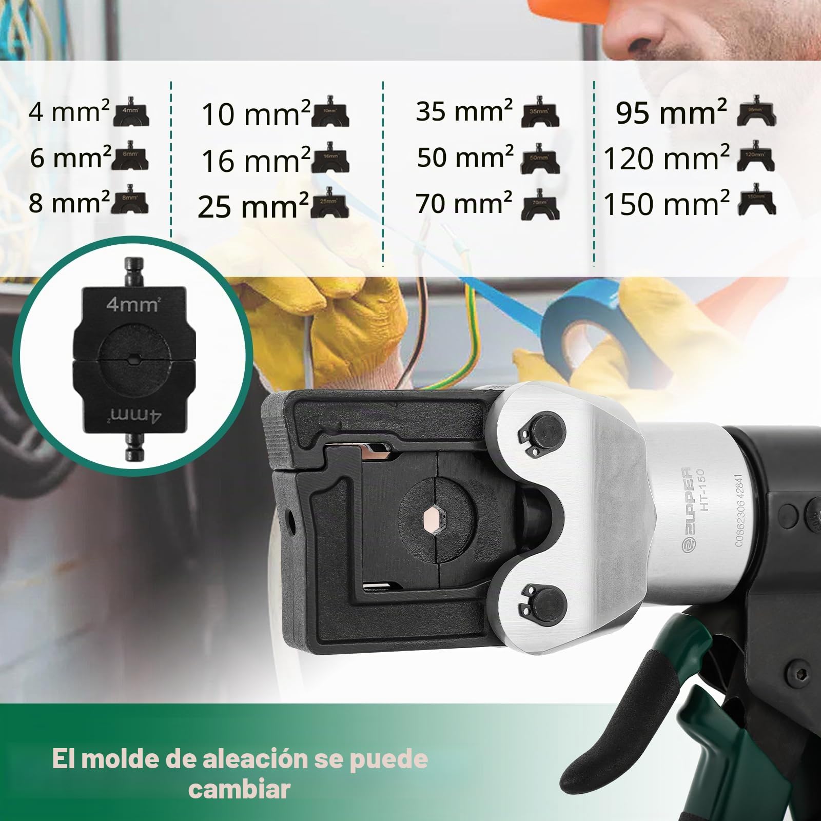 CGOLDENWALL 4-150mm² Crimpadora Terminales Electricos Hidráulico Manual, Rotación del Cabezal de 180°, Válvula de Seguridad, Palanca de Liberación, para La Terminación de Cobre/Aluminio