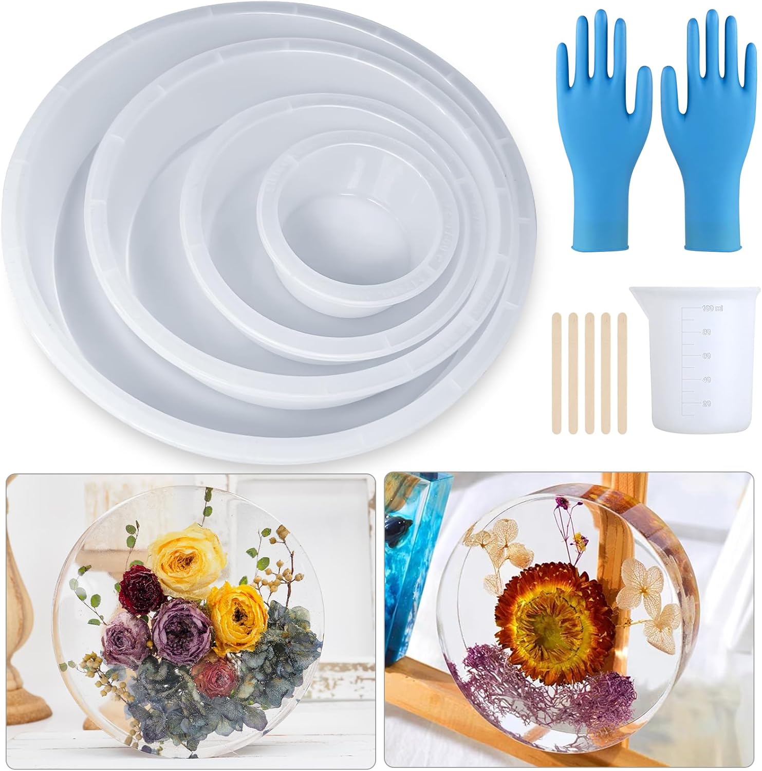 Moldes de silicona redondos profundos, juego de moldes de silicona circulares de 3, 5, 7, 9 pulgadas para resina, para preservación de flores,