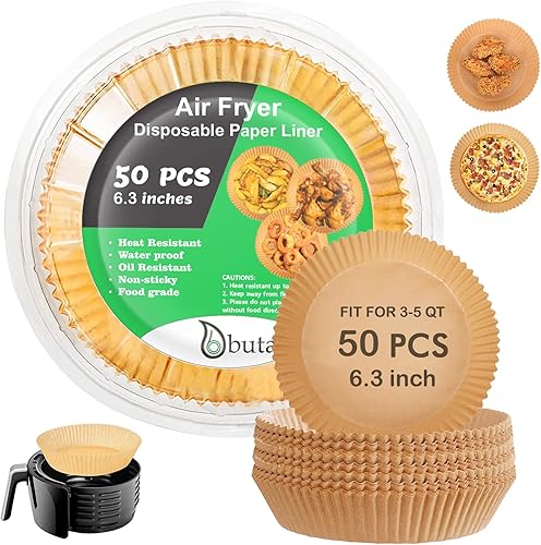 BUTA Forros de papel desechables para freidora de aire, 6.3 pulgadas, 50 hojas de papel pergamino antiadherentes, redondas sin blanquear,