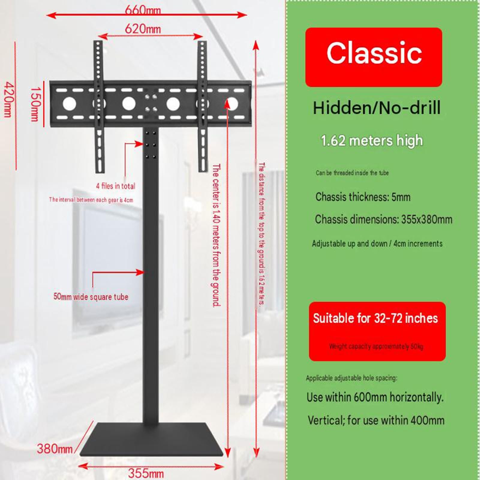 Soporte For TV De Piso, con Almohadilla De Goma For Televisores De 32 A 65 Pulgadas, TV con Administración De Cables De Altura Ajustable, La Base Se Ajusta Cómodamente contra La Pared