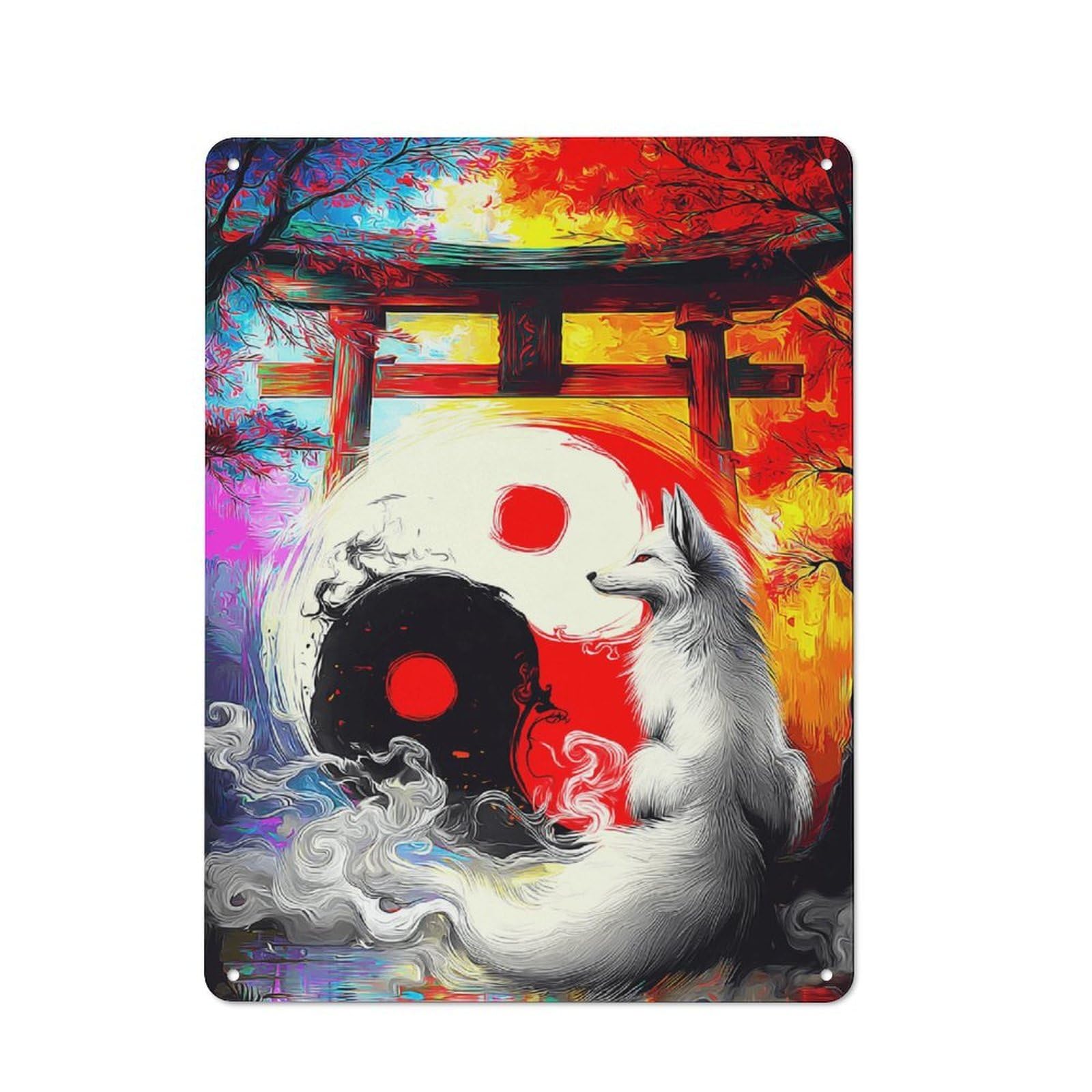 Yin-Yang Fox Gate Painting Classic Metal Wall Decor 40x30cm, Decorative Tin Plaque for Cafe, Pub, Workshop Or Home Bar