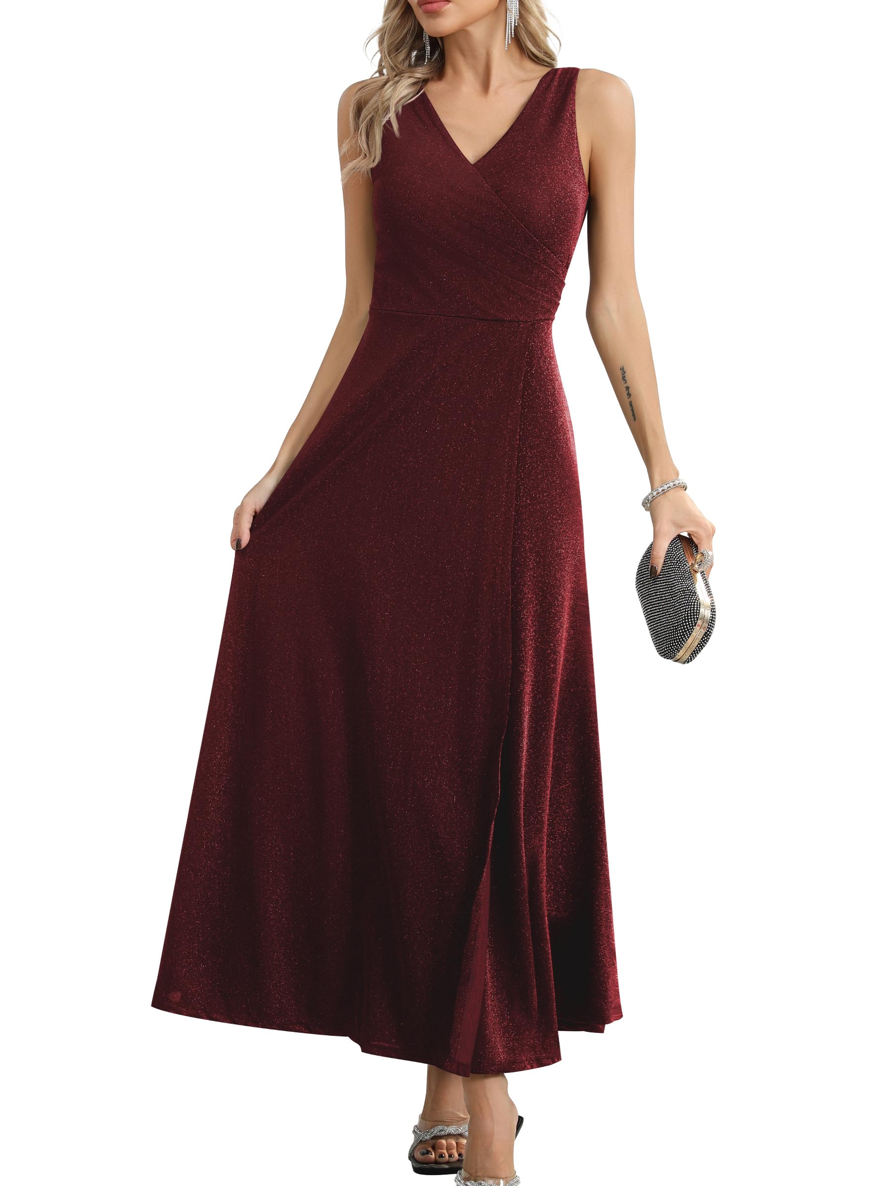 Missufe Elegante vestido cruzado para mujer, vestido de noche, vestido de cóctel, vestido de baile, vestido largo de boda, festivo, cuello en V, con abertura