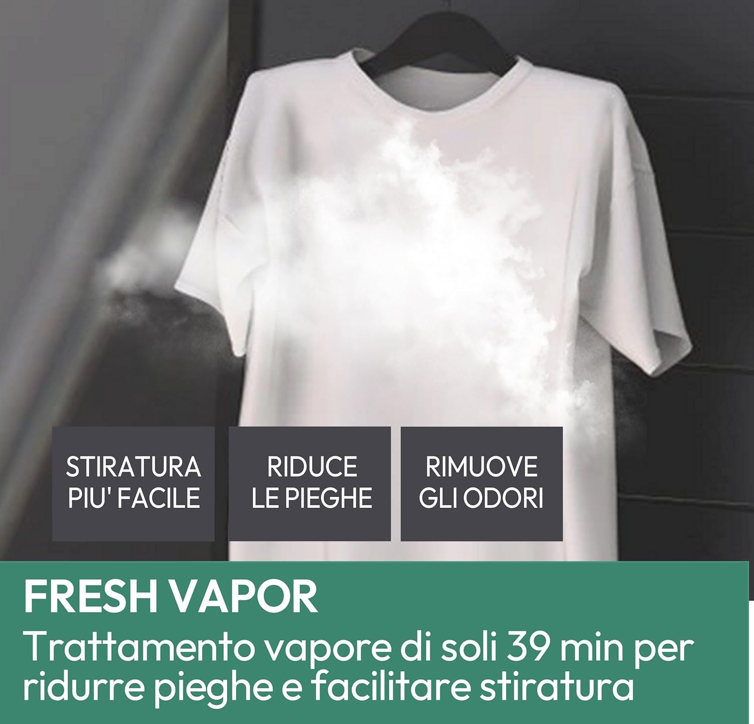 Graphic showing steam treating a white t-shirt, highlighting wrinkle reduction and odor removal.