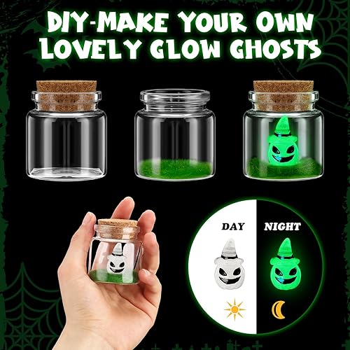 Miniatura 3 de Poen 10 juegos de fantasmas de Halloween en un tarro de masón que brilla en la oscuridad, pequeño fantasma con botella miniatura de corcho con momia