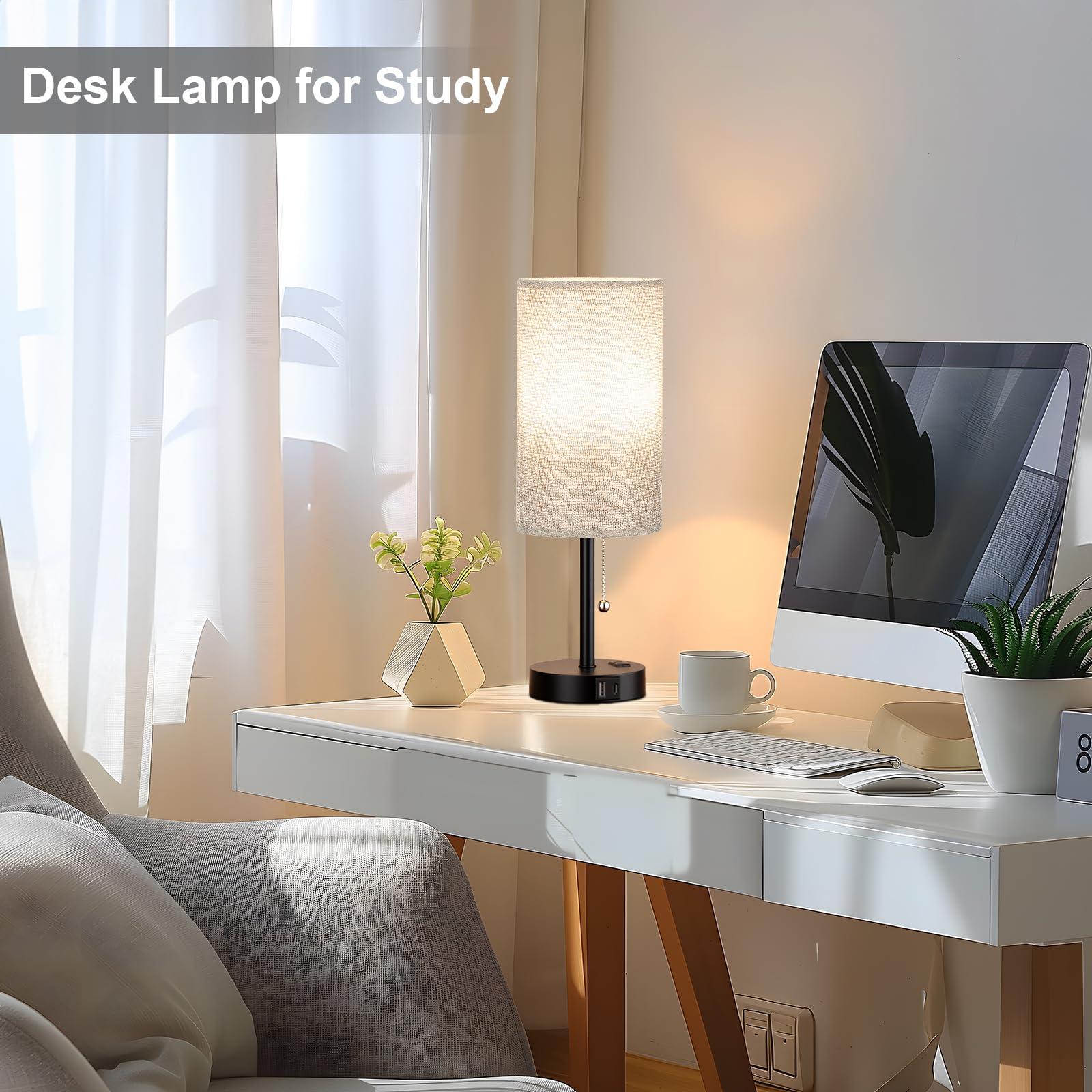 Nachttischlampe für Schlafzimmer, Nachttisch, hohe Tischlampe mit USB-A + C-Ladeanschluss und AC-Steckdose, 3 Farbtemperaturen, Zugkette, Beistelltisch, Leselampe für Wohnzimmer, 44 cm, Grau
