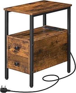 HOOBRO Side Table, Narrow Bedside Table with Charging Station, USB Ports & Power Outlets, Slim Side Table for Small Spaces, 2 Drawers, Industrial Nightstand, Rustic Brown and Black EBF548KBZ01G1