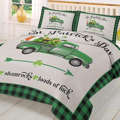 Juego de funda de edredón de microfibra lavada con lazos/cremallera, diseño de camión verde, a cuadros, dorado, verde, trébol irlandés, negro,