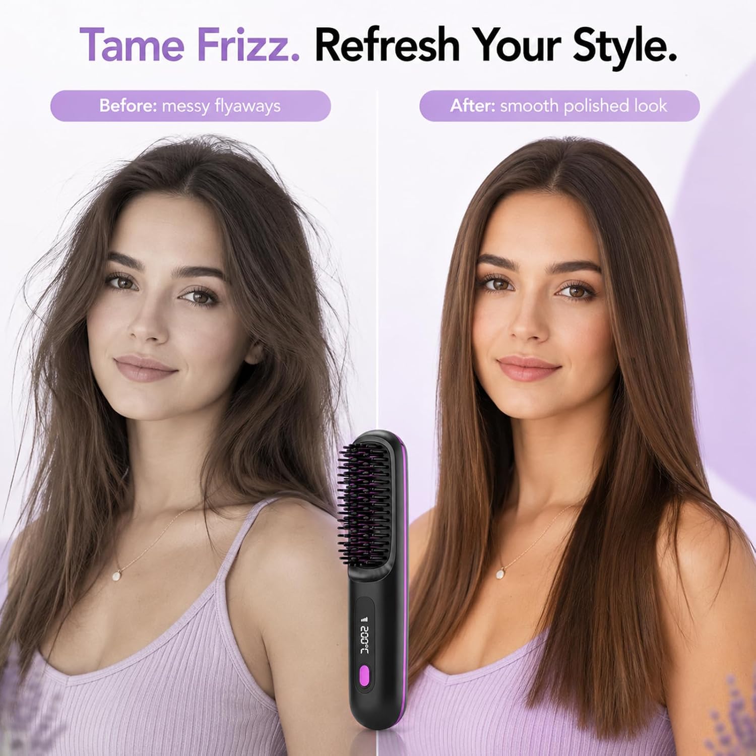 Go Brush Pro Cordless Hair Straightener Brush, Portable Wireless Straightening Comb with 3 Temp Settings (320°F-375°F), USB Rechargeable, Ceramic Heating Anti-Scald Hot Brush for Trave