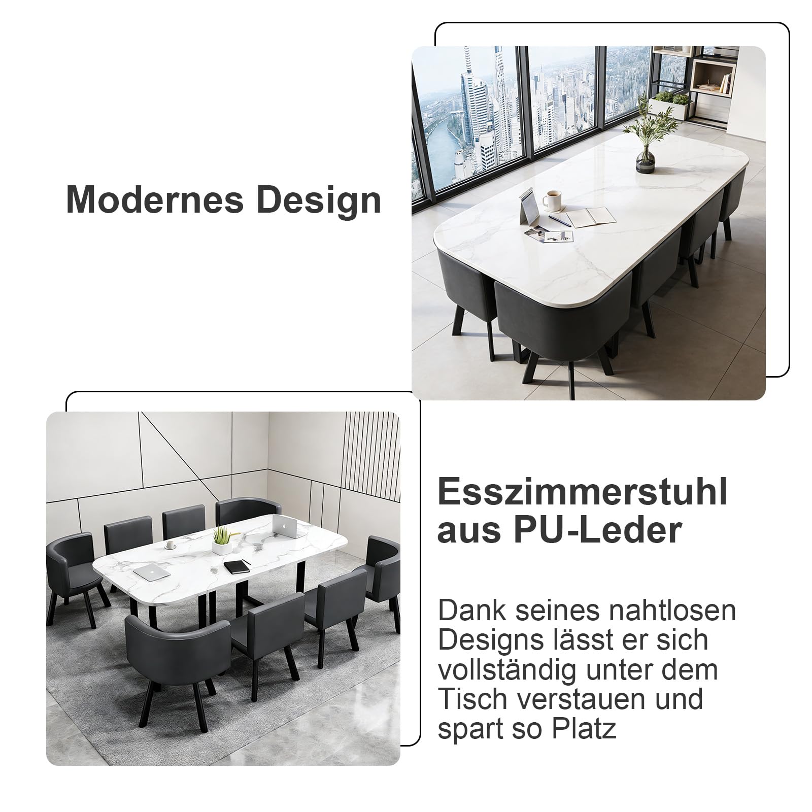 Großer Konferenztisch Inklusive 8 Stühle Moderner Besprechungstisch Metallrahmen für 8–12 Personen, industrieller Seminartisch für Büro, Esszimmer, 180x90cm (L x B),Weiß