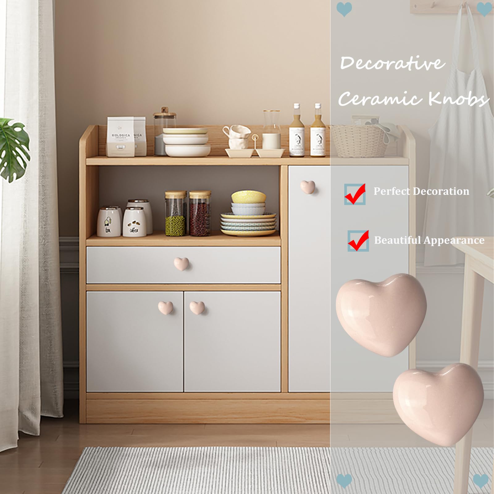Mimhooy 4 Pack Heart Shaped Pale Pink Ceramic Drawer Knobs for Decorative Cabinets Cupboards and Draws - Image 4