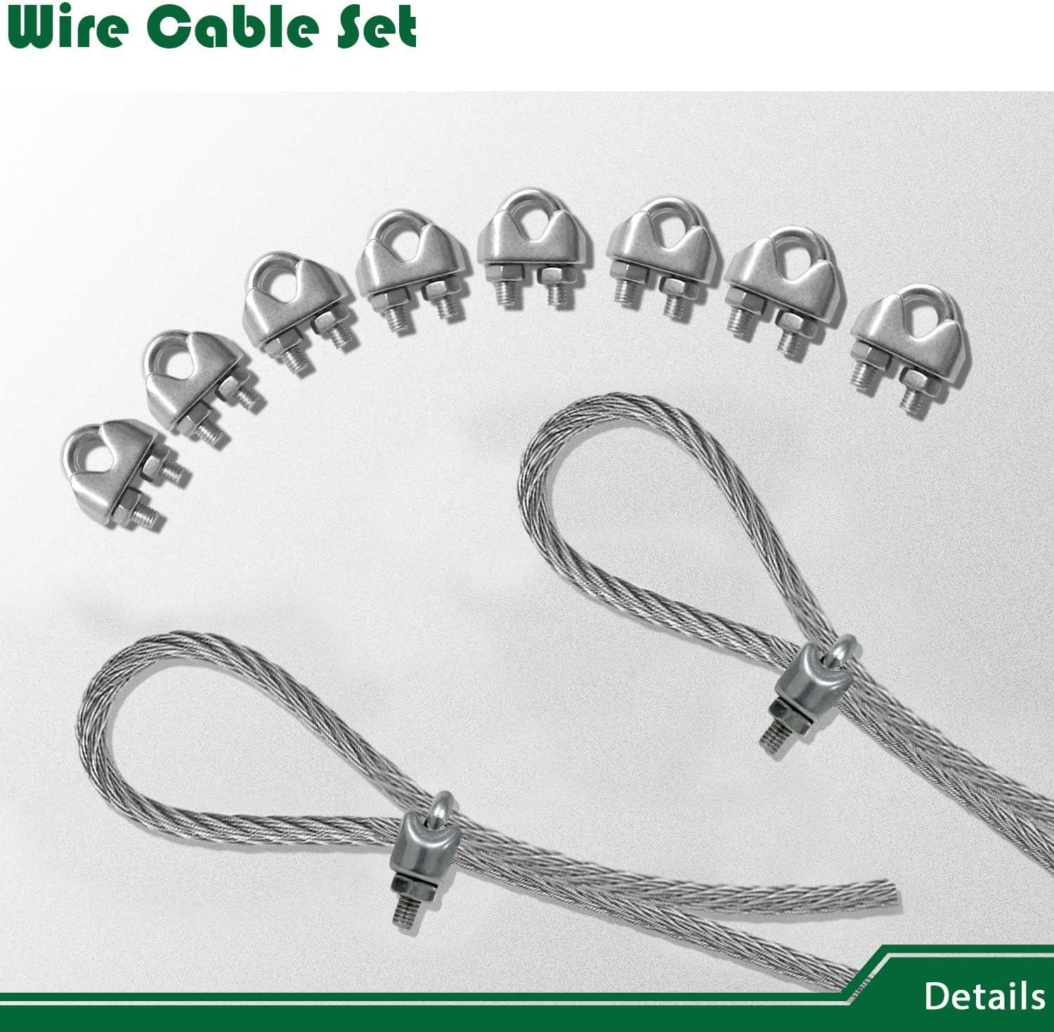 Shade Sail Hardware Kit with 177FT Cable Wire Rope for Rectangle Triangle Sunshade Installation, 3/16" Stainless Coated Cables for Garden String Light Hanging, Included 8 Pcs Clamps