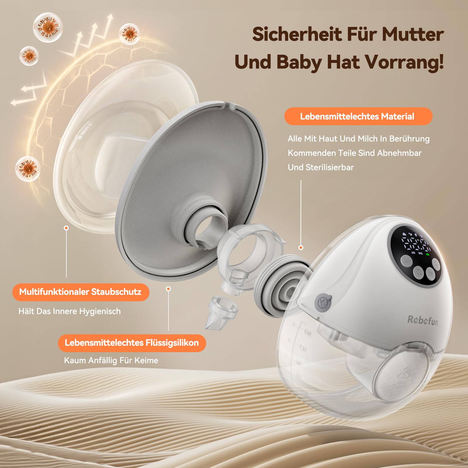 Robofun 2er-Pack Milchpumpe Elektrisch Freihändig, Leise Doppelmilchpumpe mit 4 Modi und 12 Saugstufen, Elektrische Milchpumpe Handsfree, Intelligente Anti-Überlauf-Funktion, mit Storage Box